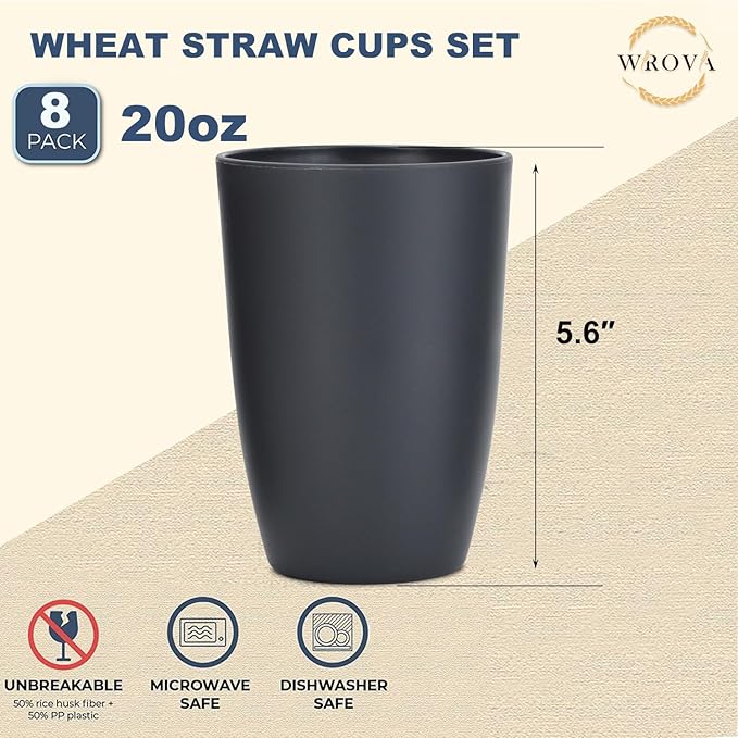 Wheat Straw Cups 8 PCS Good Alternative to Plastic Reusable Cups 20 oz Unbreakable Drinking Cup Reusable Dishwasher Safe Water Plastic Glasses Deep Gray - Bloomnest