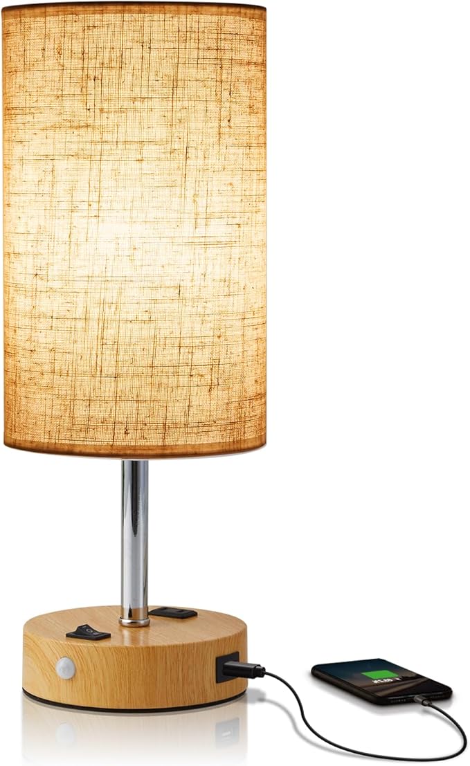 Table Lamp with Motion Sensor or Constant on Mode, USB Lamp Include One LED Bulb, Built in 1 USB Port & 1AC Outlet, Bedside Lamp Idea for Bedroom, Hallway, Bath Room - Bloomnest