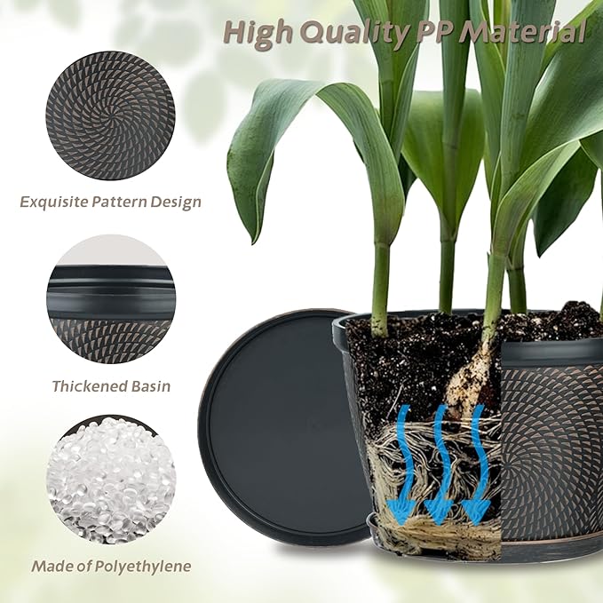 Quarut 4 Pack 8 Inch Flower Pots for Outdoor Indoor, Plastic Plant Pots with Drainage Hole & Saucer, Lightweight Small Flower Pot, Circle Pattern Planters for Garden House planters（Black Copper） - Bloomnest