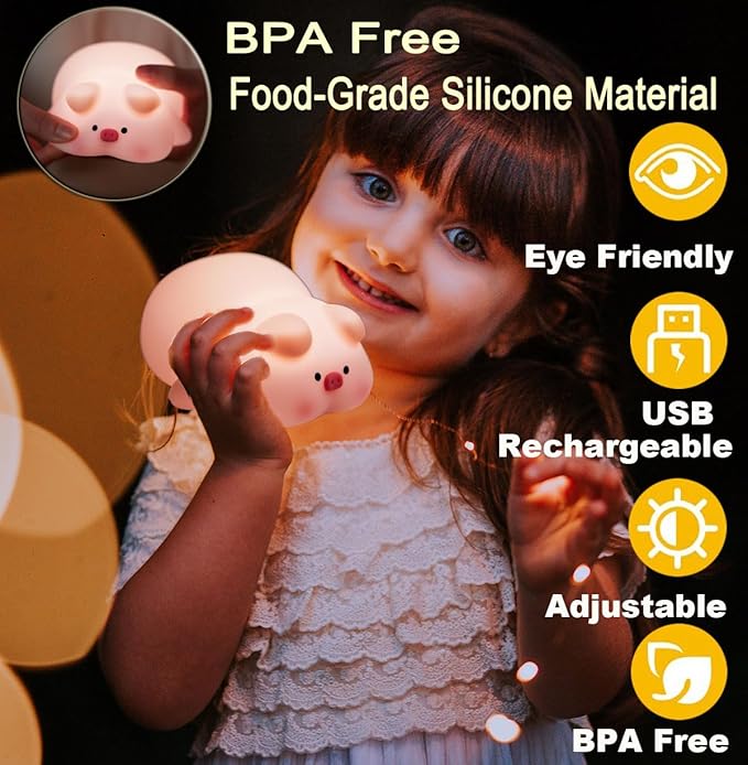 Cute Pig Lamp, Fun Lying Flat Pig Night Light, LED Squishy Animal Novelty Lamp, Light up Duck for Kids Great Gift, 3 Level Dimmable Nursery Nightlight Rechargeable Bedside Touch Lamp (Pig Lamp) - Bloomnest
