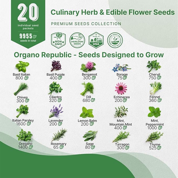 20 Culinary Herbs & Edible Flower Seed Variety Pack for Planting Indoor & Outdoors. 9500+ Non-GMO Heirloom Flower Seeds: Basil, Borage, Echinacea, Lavender, Oregano, Rosemary Seeds & More - Bloomnest