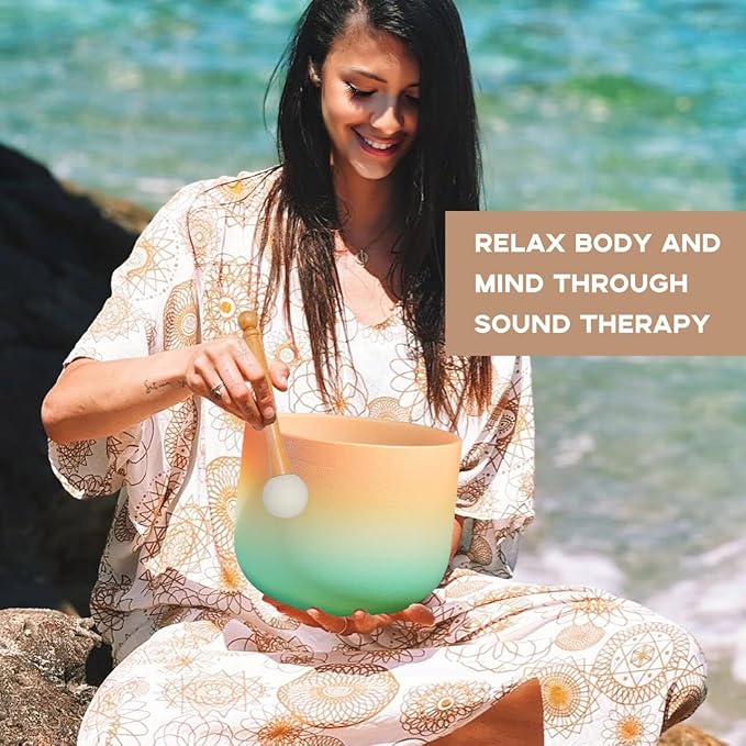 432HZ 8 Inch C Note Root Chakra Desert Sunset Colored Frosted Quartz Crystal Singing Bowl Meditation Therapy Sound Healing Bowl with Carrying Case and Rubber Mallet O-ring - Bloomnest