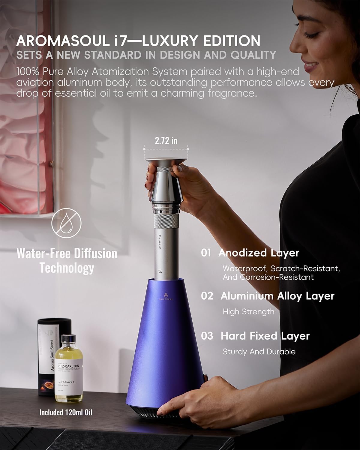Waterless Scent Diffuser Starter Kit - 1500 Sq Ft Coverage, Alloy Atomization System,Mood Light,Smart Rechargeable Hotel Scent Diffuser, Including 120ml Essential Oil, for Home,Large Room,Spa,Blurple