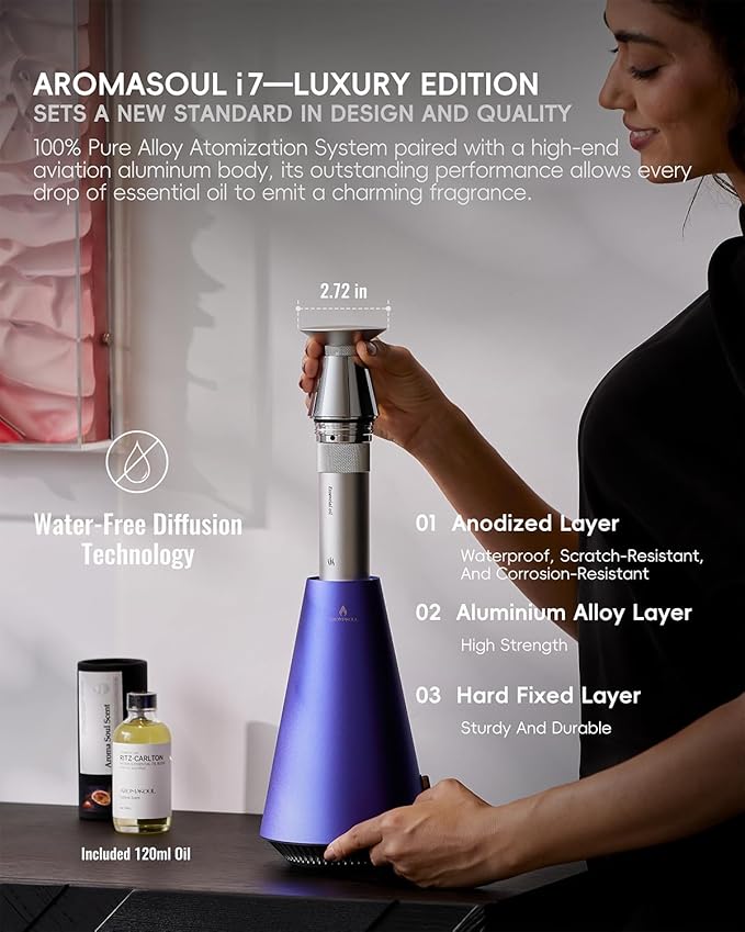 Waterless Scent Diffuser Starter Kit - 1500 Sq Ft Coverage, Alloy Atomization System,Mood Light,Smart Rechargeable Hotel Scent Diffuser, Including 120ml Essential Oil, for Home,Large Room,Spa,Blurple - Bloomnest