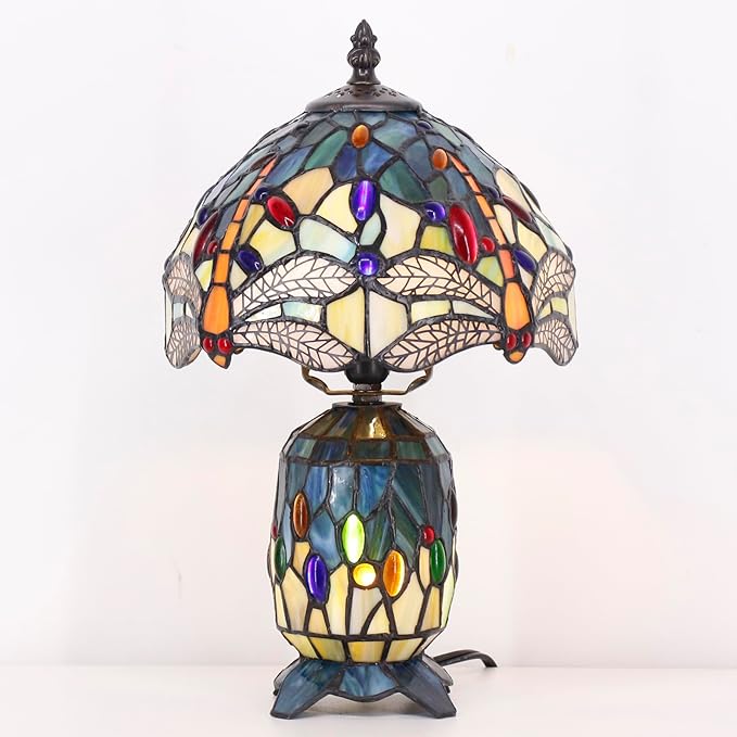 Small Tiffany Lamp Stained Glass Table Lamp Mini Mother Daughter Vase Desk Accent Night Light for Bedroom Bedside Reading Home Antique Style 8X14 Inches (Sea Blue Yellow) - Bloomnest