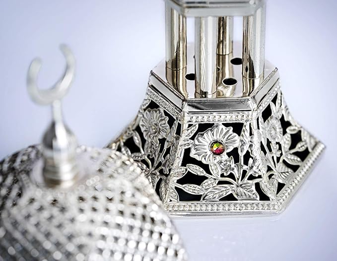 AM Bakhoor Charcoal Incense Burner – Luxury Gold Frankincense Resin Burner for Oud, Bakhoor, Incense Sticks & Cones – Decorative Metal Holder with Removable Lid & Safe Flame Control (Silver) - Bloomnest