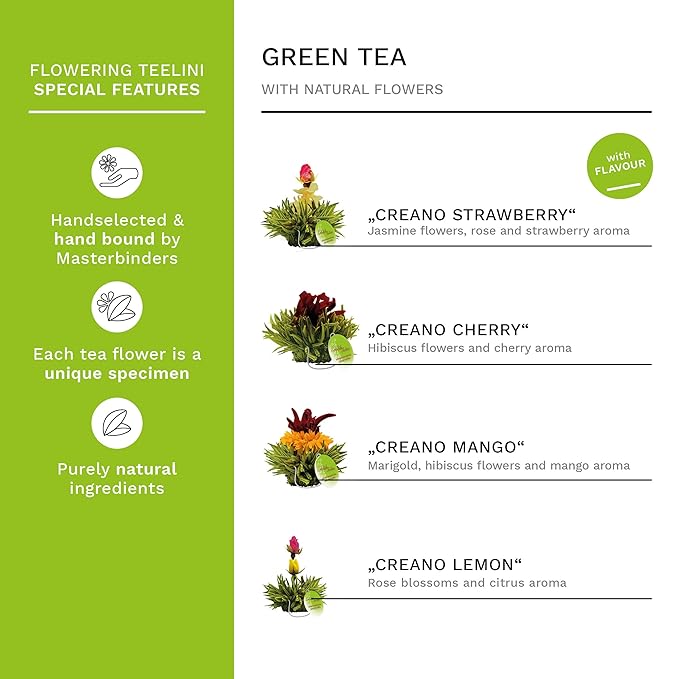 Creano Tea Flowers in Cup Size - Gift Set in Wooden Box - 12 Blooming Green Tea in 4 Varieties - Gift for Women, Mother, Tea Lovers - Bloomnest