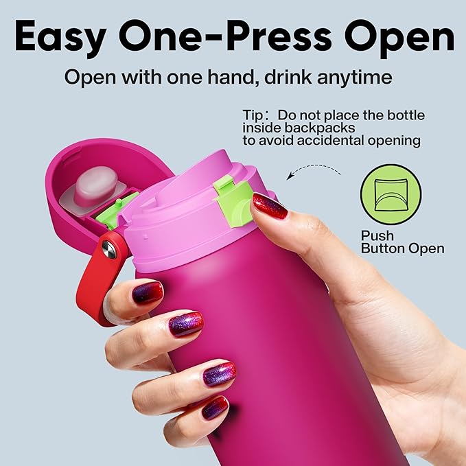 Insulated Water Bottle with Straw - Encool Stainless Steel Water Bottle with Push Button Lid, Leak-Proof & BPA-Free, Keeps Cold for 24 Hours for Sports, Travel, Gym (32 oz, Cerise Pink) ENCOOL