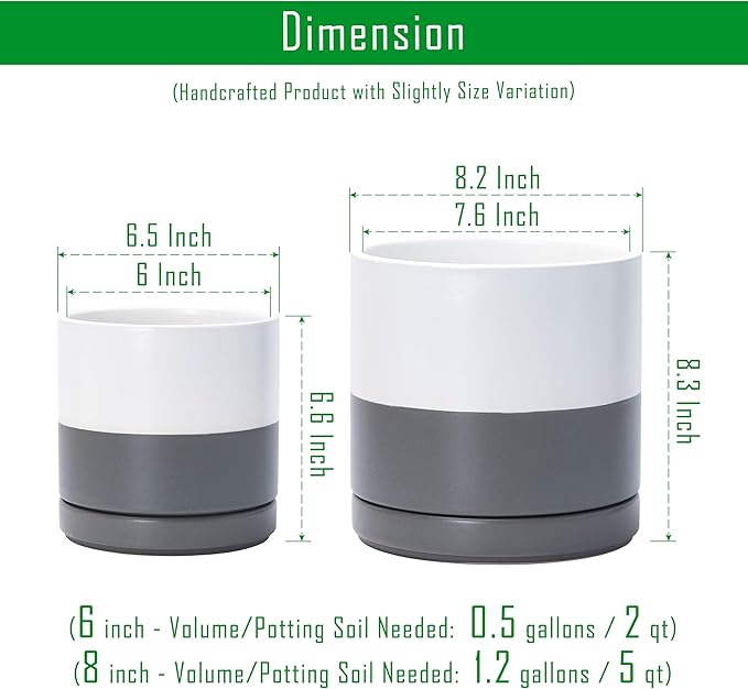 D'vine Dev 6.5 Inch & 8.2 Inch Ceramic Planter Pots for Plants with Drainage Hole and Saucer, Medium Plant Pots Set, White/Speckled Grey, 94-G-M-6 - Bloomnest