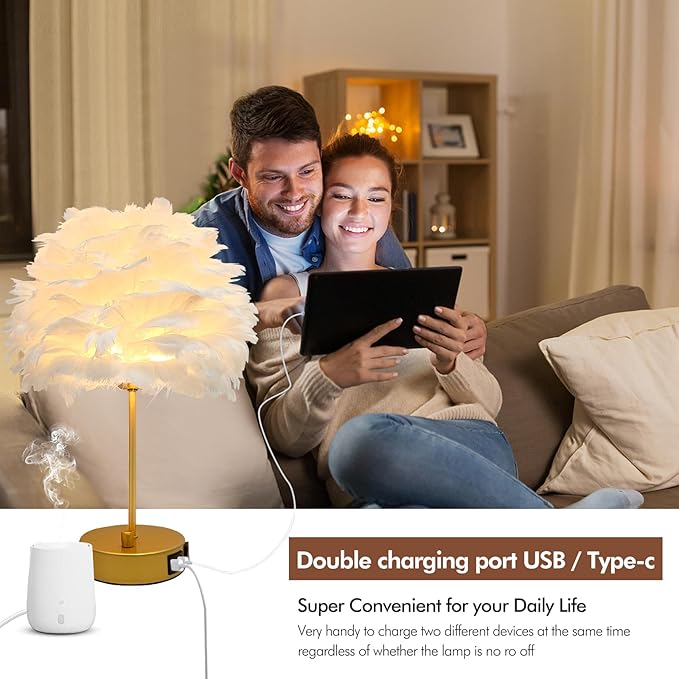 ZYLEIESENBAO Chic White Feather Lamp with USB Charging Port Modern Feather Table Lamp Cute Romantic Bedside Nightstand Light for Girl Room Childrens Room Living Room Entry Wedding Decoration - Bloomnest