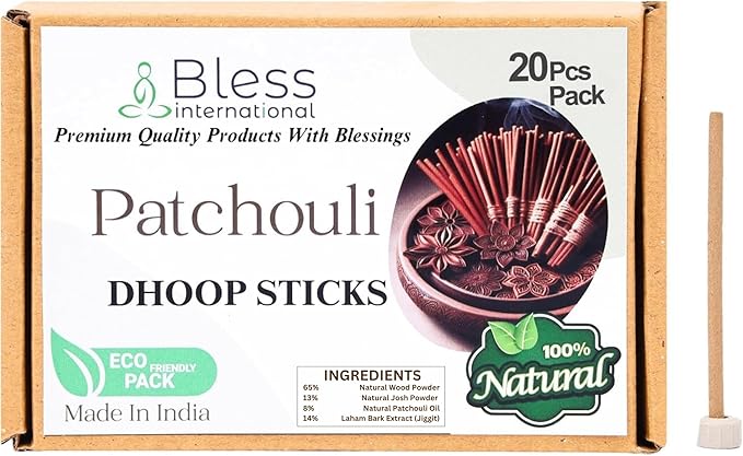 Bless-International Patchouli-100%-Natural-Incense-Bambooless-Dhoop-Sticks Handmade-Organic-Chemicals-Free for-Purification-Relaxation-Positivity-Yoga-Meditation The-Best-scents-4.5-Inches-20-Sticks BlessInternational