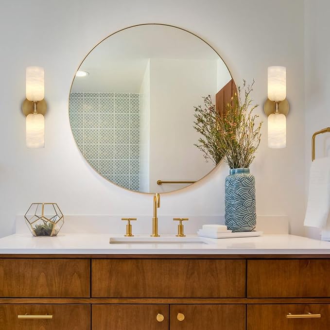 Alabaster Wall Sconces Set of Two, 14in Modern Spanish Natural Marble Bathroom Vanity Sconces, Brass Alabaster Sconce Wall Lighting, Gold Wall Light Fixtures Decor for Bedroom Living Room Staircases - Bloomnest