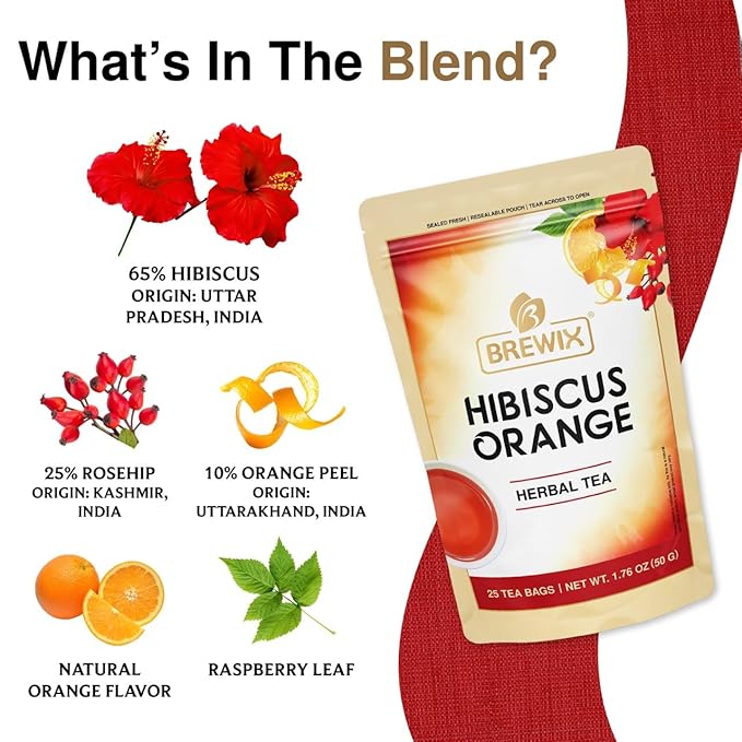 BREWIX, Hibiscus Orange Tea Bags (25 Plant Based Tea Bags) Caffeine-Free, Made with Real - Hibiscus Flowers, Rosehip, Orange Peel, Raspberry Leaf | Contains Antioxidants & Support Overall Health - Bloomnest