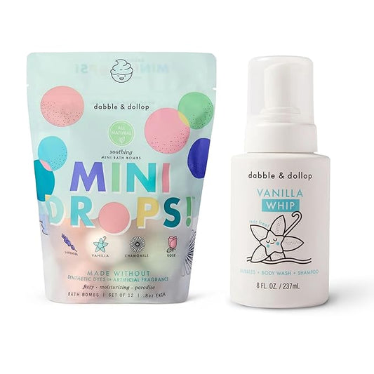 Dabble & Dollop Soothing Mini Bath Bombs & Vanilla Shampoo, Body Wash and Bubble Bath for Kids - All Natural, Resealable Pouch, Foaming Whip, Vegan, Gluten-Free, Cruelty-Free (Pack of 2) - Bloomnest