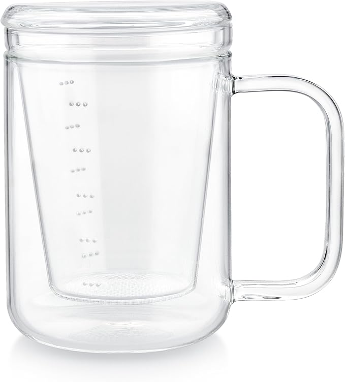 Teabloom Loose Tea Microdot Glass Mug with Lid – 12oz Single-Serve Borosilicate Glass Cup with Infuser for Hot and Cold Beverages - Bloomnest