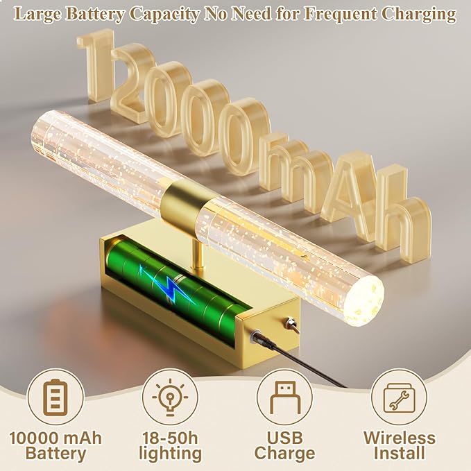 camuucci Battery Operated Gold Wall Sconces Set of 2 Rechargeable Battery Powered Wall Light with 12000mAh Not Hardwired Dimmable Wall Lamp Fixtures for Bedroom Living Room 20.9 Inches - Bloomnest