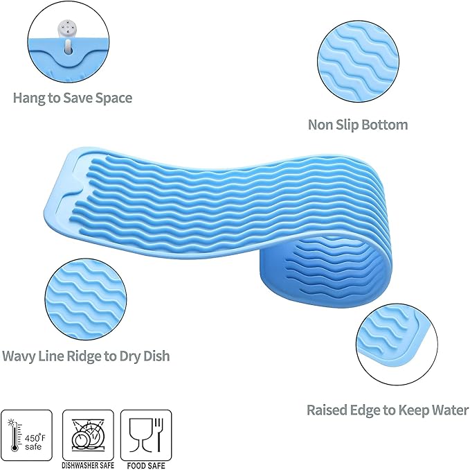Silicone Dish Drying Mat for Multiple Usage,Easy clean,Eco-friendly,Heat-resistant Silicone Mat for Kitchen Counter,Sink,Bar,Bottle,or Cup Light Blue M 17 inches x 6 inches - Bloomnest