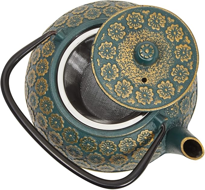 Juvale Cast Iron Tea Kettle with Infuser - 34 oz, Sage Green Floral - Loose Leaf Tea Infuser Pot & Japanese Cast Iron Teapot