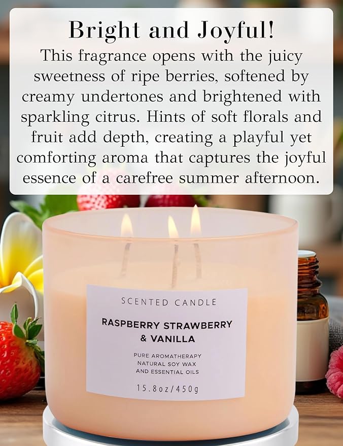 Raspberry Strawberry Vanilla 3 Wick Candle - Large 15.8 oz Soy Scented Candle, Strong Throw & Long Lasting - Fruity Berry Vanilla Candle - Aromatherapy Gift Candle for Home - Bloomnest