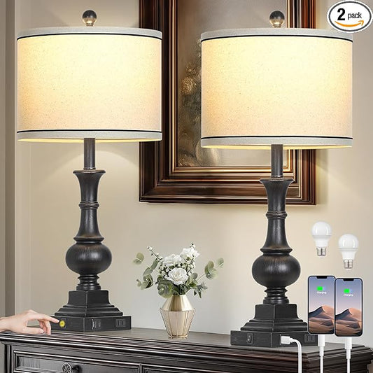 Farmhouse Table Lamps Set of 2, Vintage Bedside Lamps with USB A+C Charging Ports & AC Outlet, 26" Rustic Nightstand Lamp for Living Room Bedroom End Table Wash Black(2 LED Bulbs Included) - Bloomnest