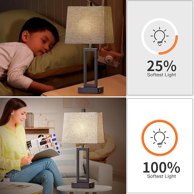 Touch Control Table Lamps Set of 2, Modern Bedside Lamps with USB A+C Ports & AC Outlet, 3 Way Dimmable Contemporary Nightstand Lamps for Bedroom Living Room Gray(LED Bulb Included) - Bloomnest