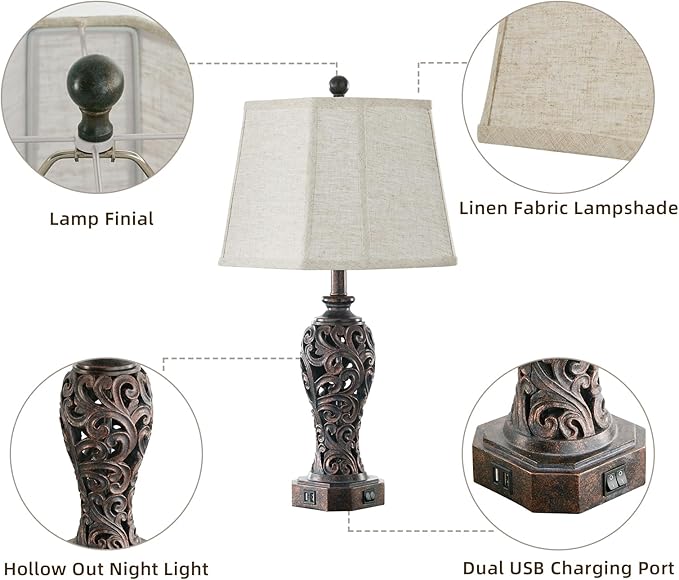 Set of 2 Farmhouse Table Lamps for Living Room, Rustic Vintage Nightstand Lamp with 2 USB Port, Bronze Resin Lamps for Bedroom End Table with Hollow Out Nightlight, 2 Bulbs Included - Bloomnest