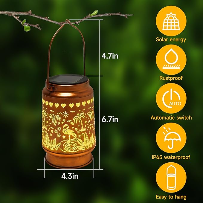 Lawn Social Solar Lanterns Outdoor Waterproof, Flamingos Metal Hanging Solar Lights for Outside, Garden Decor Birthday Gifts for Women Mom Grandma, Outdoor Lantern for Patio Yard Balcony Porch - Bloomnest