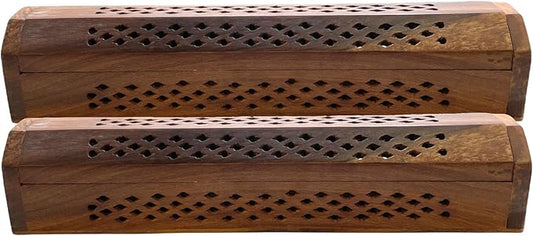 2 Pack Wooden Coffin Incense Sticks Burner - 12 Inches Brass Inlays - Storage Compartment (Net Carving) - Bloomnest