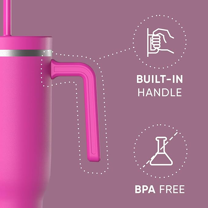 Hydrapeak Voyager 40 Oz Stainless Steel Tumbler with Handle, Insulated Water Bottle With Straw & Lid, Cupholder Friendly Reusable Travel Mug (Fuchsia) - Bloomnest
