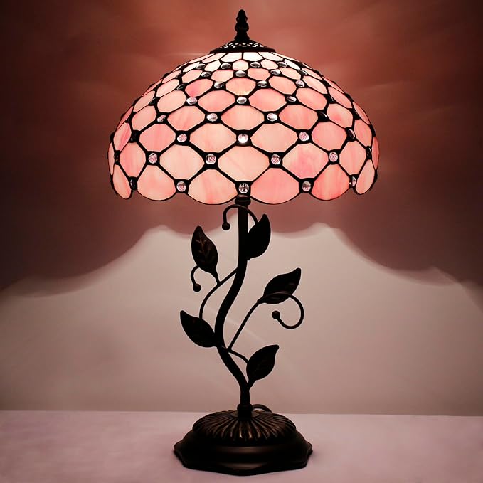 Tiffany Lamp Table Lamp Stained Glass Desk Lamps 12X12X19 Inches Reading Light Decor Bedroom Living Room (Pink Bead Style) - Bloomnest