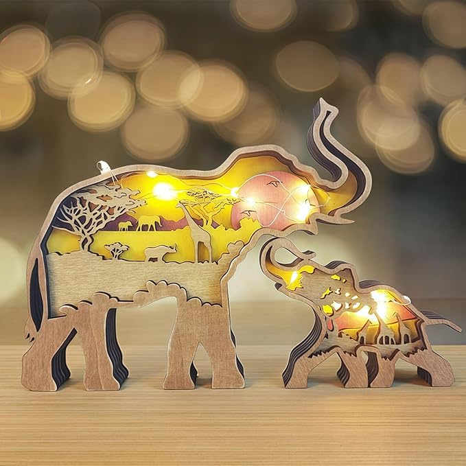 3D Wood Carving Animals Lamp Home Decorative, Cute Bear Family Elephant Presents Ideas Christmas Living Room Office Decor Warm LED Night Lights Gift for Friend Daughter Son Mom Dad (Elephant) - Bloomnest