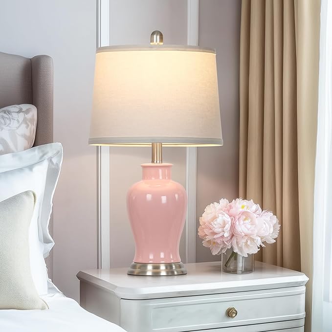 23" Pink Ceramic Table Lamps for Living Room, Modern Ceramic Lamps with Ginger Jar Design, Cute Bedside Lamp Set of 2, Elegant Bedroom Lamp for Nightstand Dining Room Side End Table Homedecor - Bloomnest