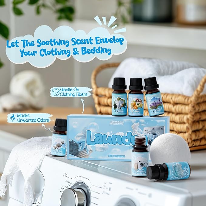 SALUBRITO Laundry Fragrance Oils, Clean Essential Oil Set for Home & Diffuser, Use With Wool Dryer Balls, Fresh Linen, Fresh Cotton, Lavender Field, Citrus Boost, Ocean Mist, Clean Laundry Scented Oil - Bloomnest