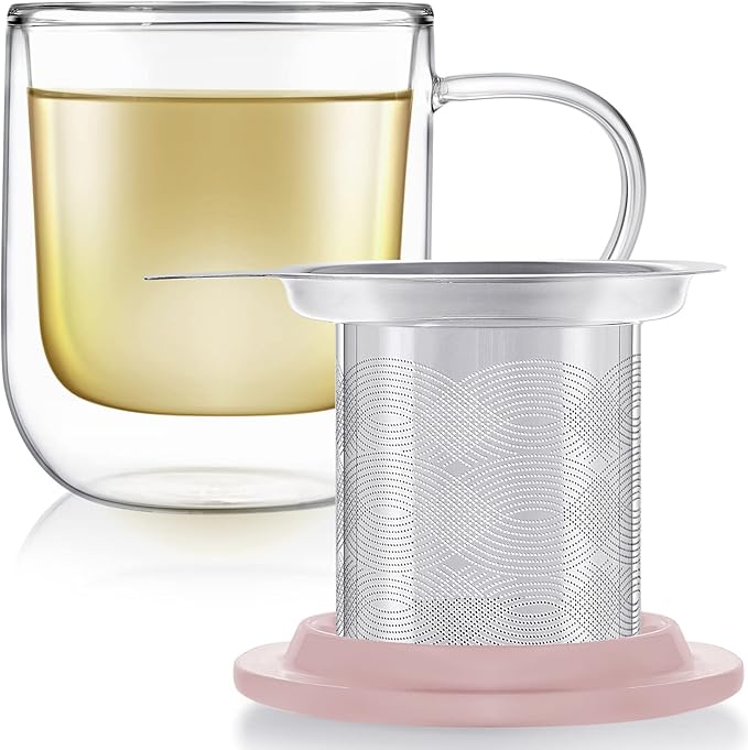 Teabloom Tea-For-One Steeping Mug – Insulated Double Wall Glass Mug (12 oz), Stainless Steel Infuser, Porcelain Lid/Coaster – Great For Brewing Loose Leaf Tea - Bloomnest