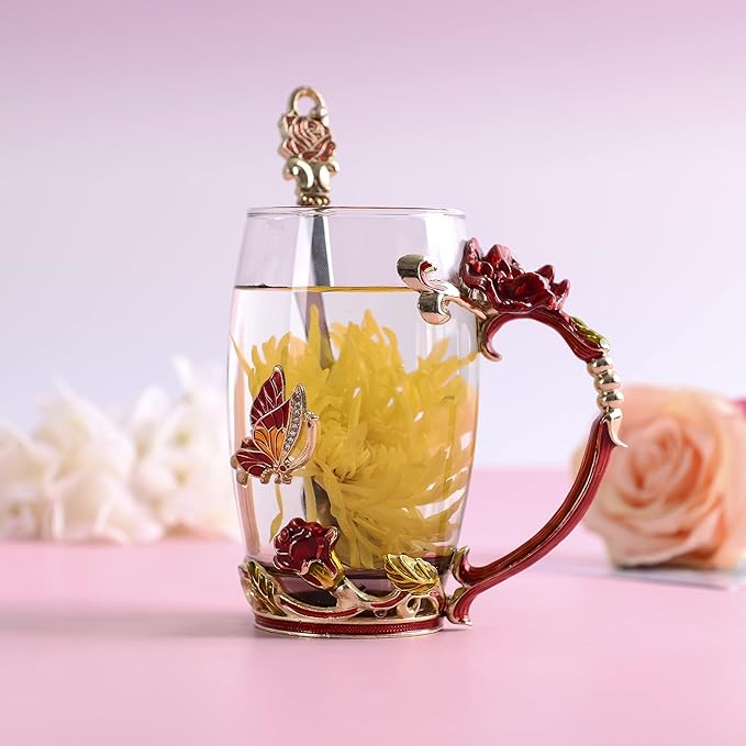 Glass Coffee Cup Tea Mug & Gifts with Spoon Set Handmade Enamel Butterfly Rose Flower for Mothers Day Gift, Women (2 Red Pack) - Bloomnest