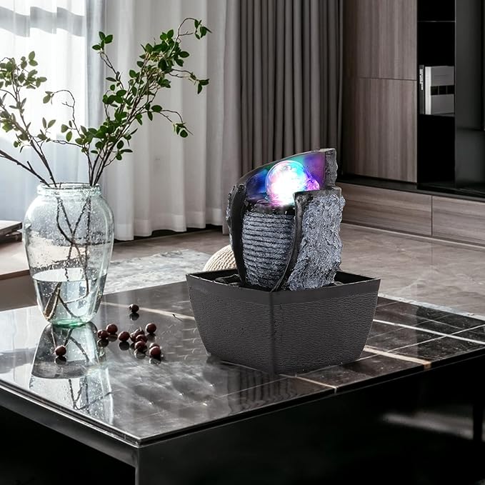 WICHEMI Indoor Fountain Tabletop Fountain Mini Waterfall Fountains Relaxation Water Feature Feng Shui Zen Meditation Desktop Fountain with Rolling Ball for Home Office Indoor Spaces Decor (Style 3)