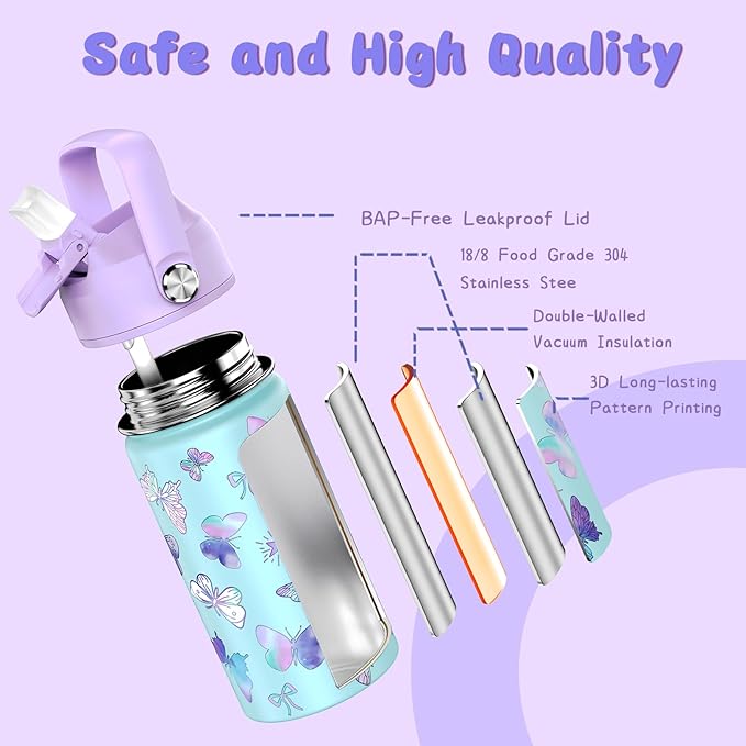 14oz Kids Insulated Water Bottle with Straw Lid - 18/8 Stainless Steel Kid Cup Travel Tumbler Double Wall Vacuum Leak Proof Portable Toddler Water Bottle(Butterfly） - Bloomnest