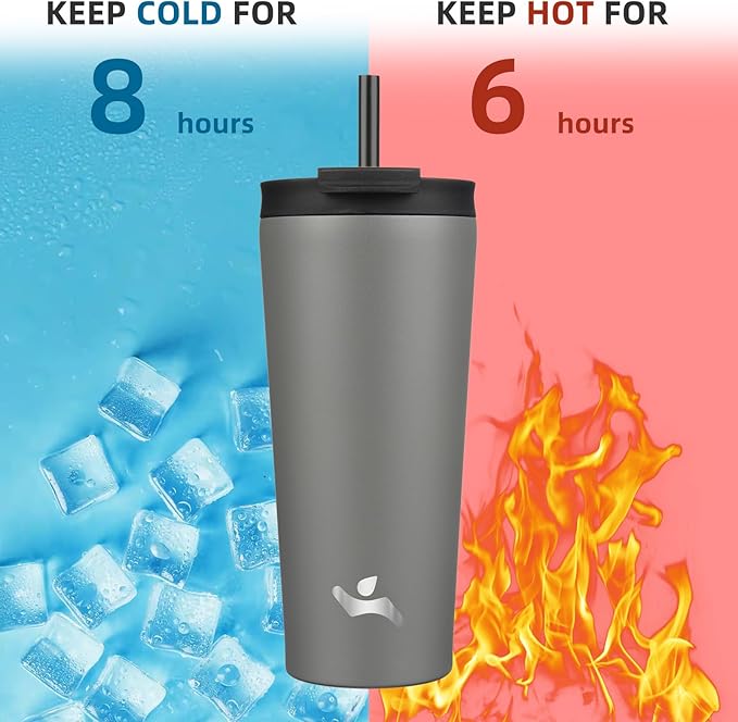 22 OZ Insulated Tumbler with Lid and 2 Straws Stainless Steel Water Bottle Vacuum Travel Mug Coffee Cup,Gray - Bloomnest