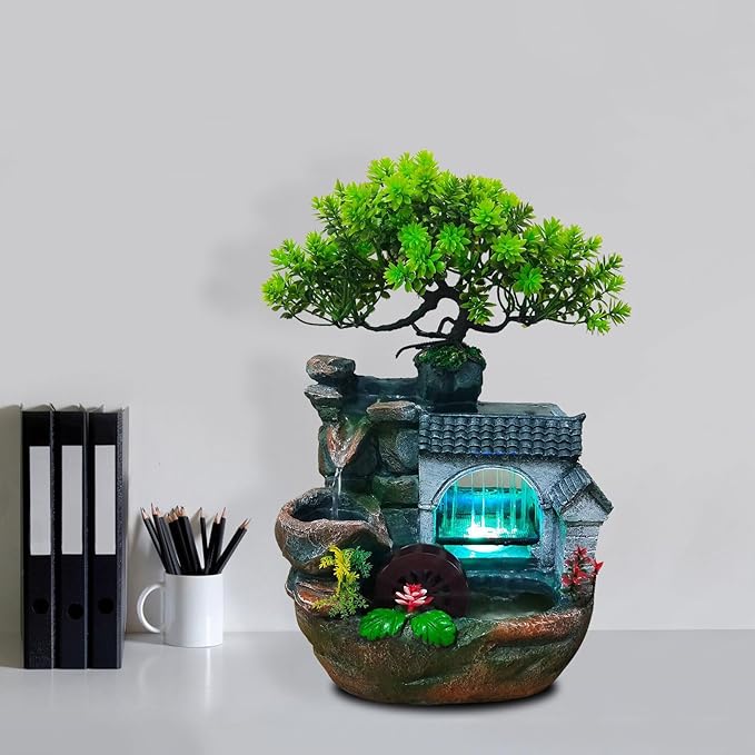 11" Desktop Fountain Rock Waterfall Humidifier with Artificial Tree &LED Light, Tabletop Water Fountains Indoor Fake Plant Bonsai Tree Feng Shui Decoration for Aquariums Office Bedroom Home Décor - Bloomnest