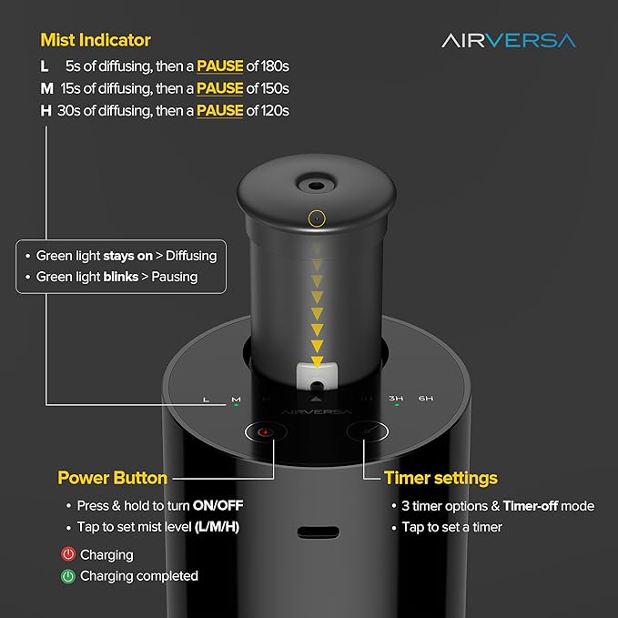 Airversa Waterless Essential Oil Diffuser Starter Kit with 30mL Hotel Fragrance Oil Inspired by BaCRT, Battery Operated Car Diffuser, Portable Aroma Nebulizer for Home Car Office, AN6Kit-4, Black - Bloomnest
