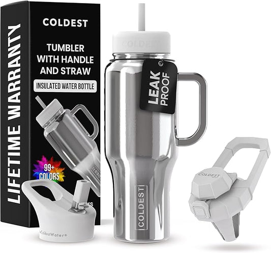 Coldest Tumbler with Handle and Straw - 100% Spill Proof Tumbler with Straw (3 Lids) - Stainless Steel Insulated Leakproof Tumblers for Women & Men - 36 oz (Starship Reflections) - Bloomnest