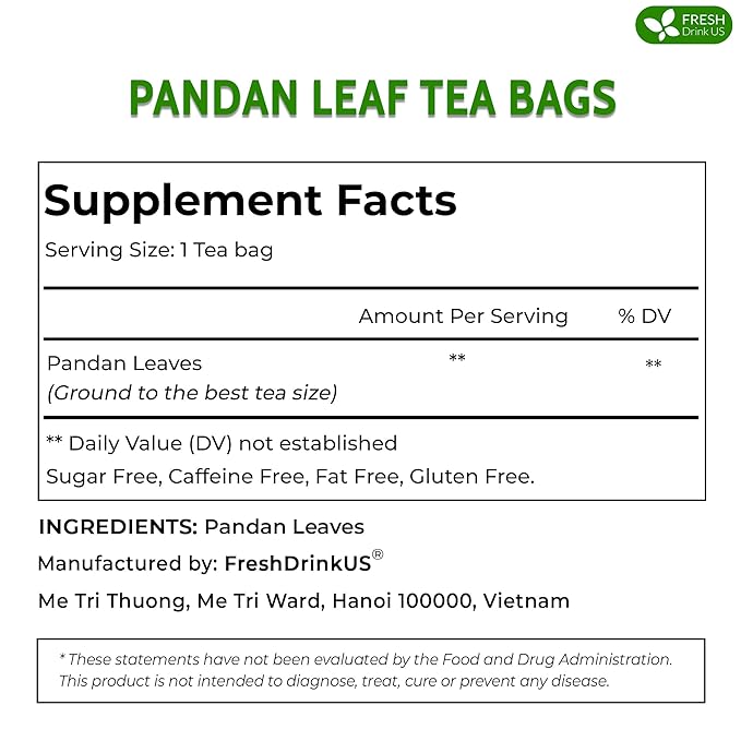 FreshDrinkUS, Premium 15 Pandan Leaf Tea Bags, 100% Natural & Pure from Pandan Leaves. Loose Leaf Pandan Herbal Tea. Made with Natural Material Tea Bags. No Sugar, No Caffeine, No Gluten, Vegan. (15 Tea bags) - Bloomnest