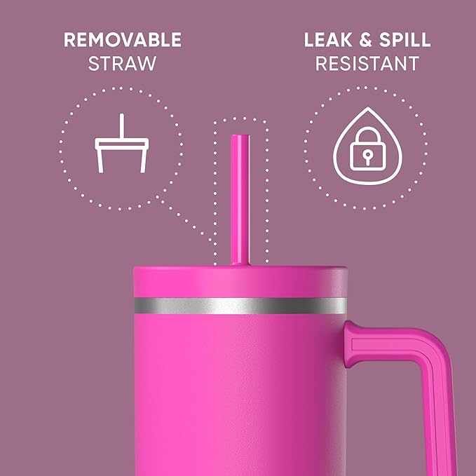Hydrapeak Voyager 40 Oz Stainless Steel Tumbler with Handle, Insulated Water Bottle With Straw & Lid, Cupholder Friendly Reusable Travel Mug (Fuchsia) - Bloomnest