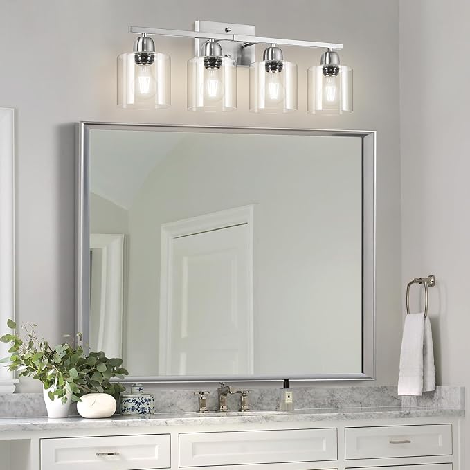 Modern Brushed Nickel 4 Light Bathroom Light Fixtures, 24 inch Vanity Lights for Bathroom with Clear Glass for Mirror Kitchen Living Room Hallway Cabinet Porch - Bloomnest