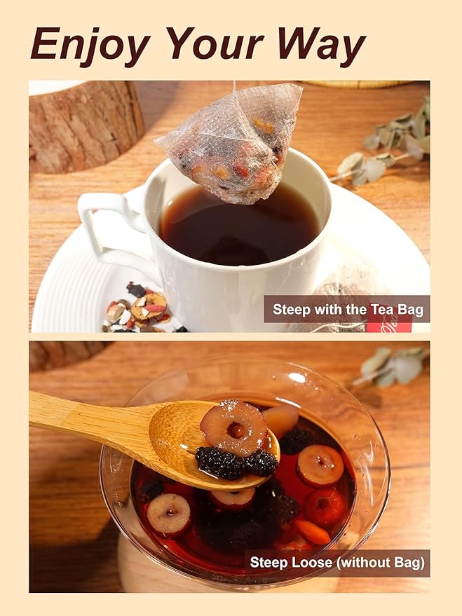 TeeLux Ginseng Six Treasures Tea, Traditional Chinese Herbal Tea Blend with Ginseng, Mulberry, Goji Berry, Yam, 30 Biodegradable Pyramid Bags, Caffeine-Free - Bloomnest