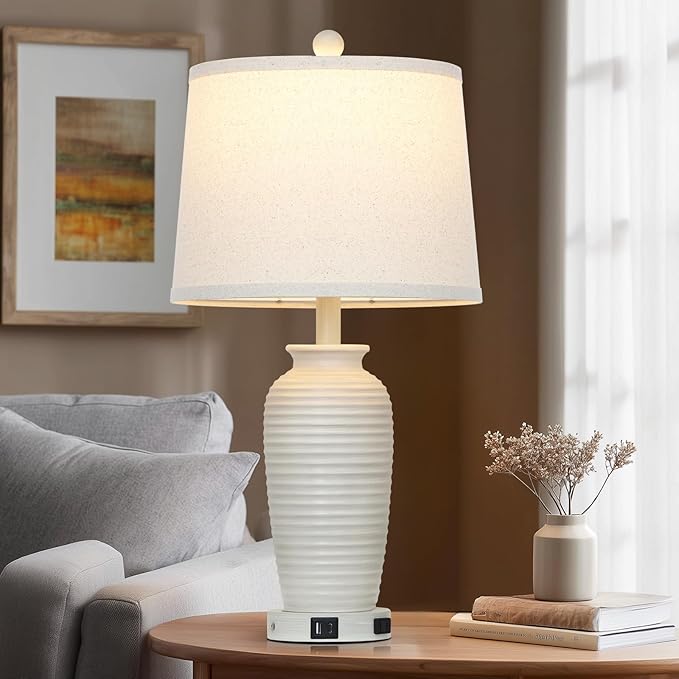 25" Vintage Farmhouse Jar Table Lamps, Single Rustic Bedside Lamp with USB A+C Ports & AC Outlet, Nightstand Lamps for Living Room, Bedroom, End Table, Cream(LED Bulb Included) - Bloomnest