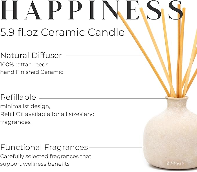 BLUEME Happiness-Yuzu & Ginger, 5.92 Fl Oz Wellness Diffuser, Contains Essential Oil, Sustainable, Hand Finished, Premium, Luxury Ceramic, Natural Rattan Reeds - Bloomnest