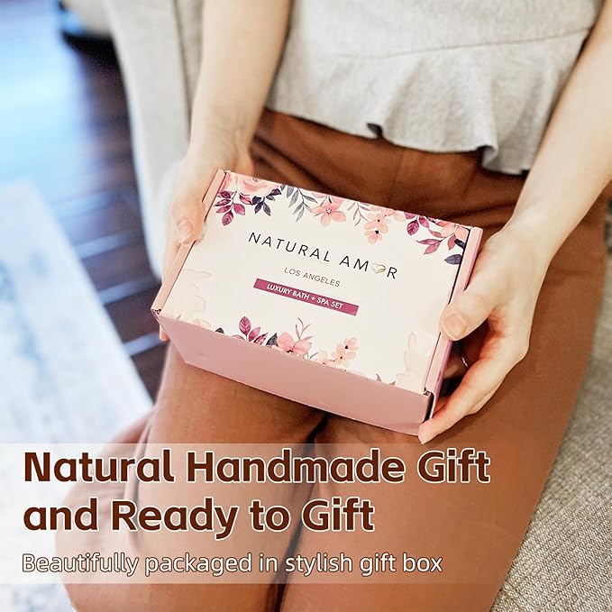Natural Amor Handmade Spa Gifts for Women, Relaxing 5pcs Spa Gift Set for Women Including Citrus Handmade Soap Bar, Soy Candle, Bath Salt, Bath Bomb - Bloomnest