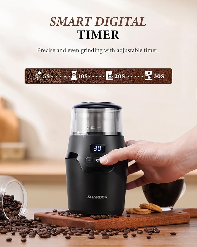 SHARDOR Adjustable Coffee Grinder Electric, Super Silent Electric Coffee Bean Grinder with Time-Memory Adjustment and Multi-Functional Stainless Steel Cup for Spices, Herbs, and Nuts Grinding, Gray - Bloomnest