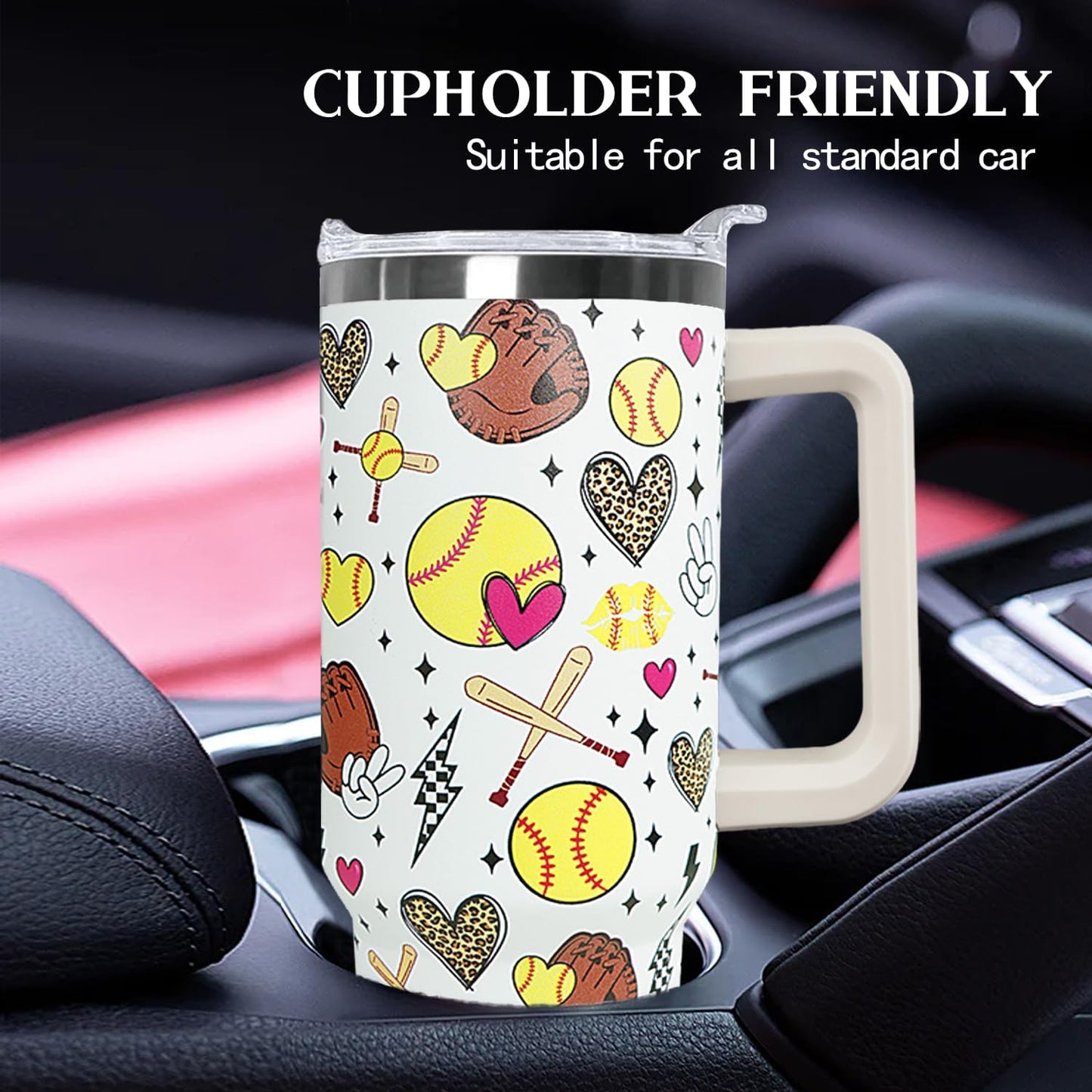 Ceovfoi 40 Oz Softball Tumbler With Handle,Softball Coffee Travel Mug Cup Water Bottle,Softball Decor,Softball Gifts for Women
